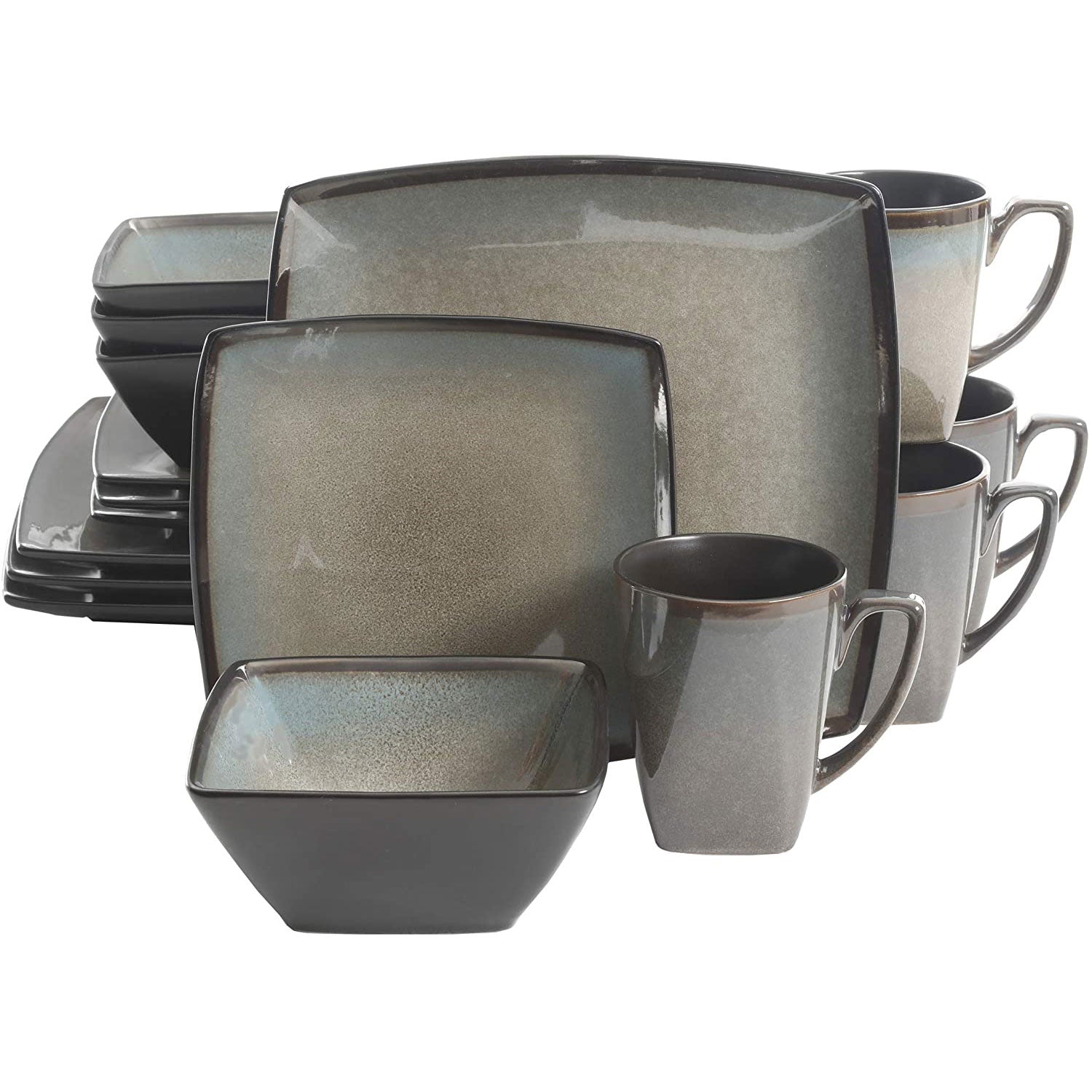 Gibson Elite 16 Piece Glazed Square Dinnerware Set with Plates, Bowls, and Mugs - VMInnovations