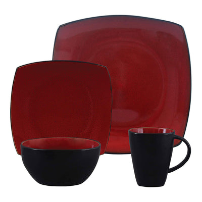 Gibson Soho Lounge 16 Piece Red Glazed Dinnerware Plates, Bowls, & Mugs (2 Pack)