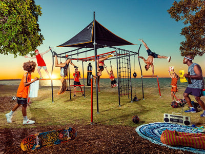 Monkey Bar Box A + Monkey Bar Box B + Monkey Bar Box C + Monkey Bar Box E (2 Pack)  + Monkey Bar Box F (2 Pack)  + Monkey Bar Box H + Quest Shade Cover (XL) + Cargo Net (XL/L) + Gym Rope + Jungle Rope + Flying Fox + Roman Rings (2) + Boxing Bag + Punching - VMInnovations