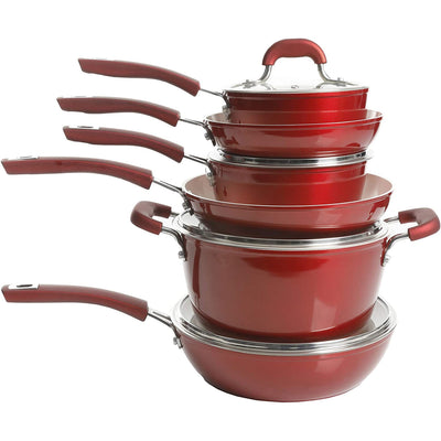 Kenmore Arlington 12 Piece Aluminum Non Stick Frying Pot & Pan Cookware Set, Red