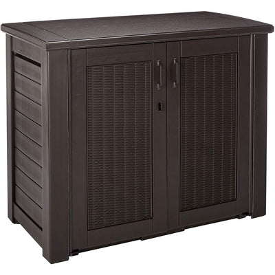 Rubbermaid Weather Resistant Resin Chic Outdoor Patio Storage Cabinet, Black Oak - VMInnovations