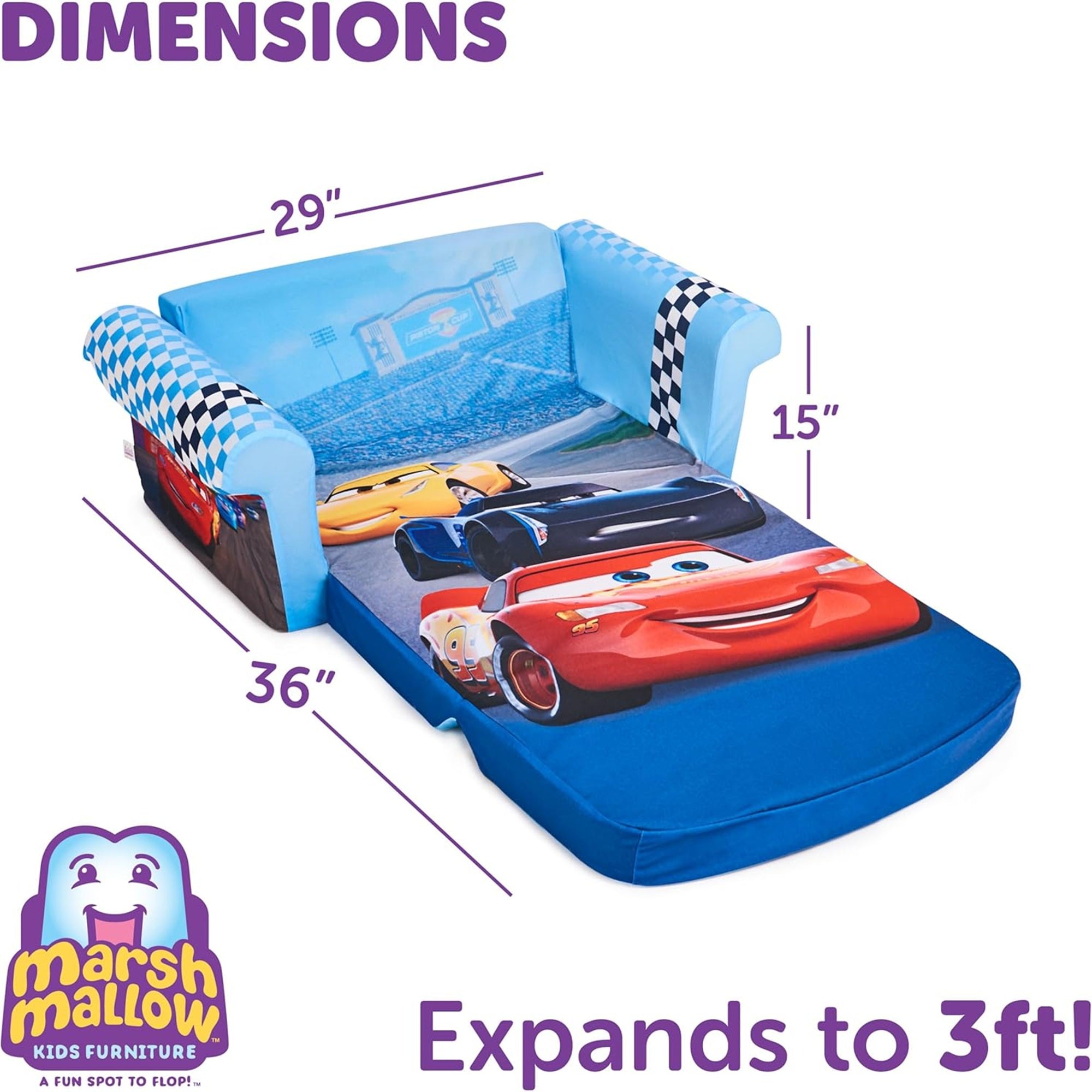 Marshmallow Furniture Kids 2-in-1 Flip Open Foam Couch Sofa Bed, Cars (Used) - VMInnovations
