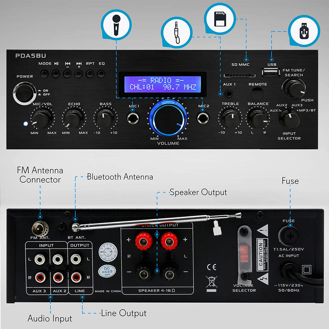 Pyle Home PDA5BU 200 Watt AM/FM AUX/USB Bluetooth Home Stereo Amplifier System