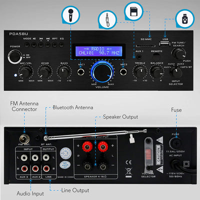 Pyle Home 200 Watt AM/FM AUX/USB Bluetooth Home Stereo Amplifier System (Used) - VMInnovations