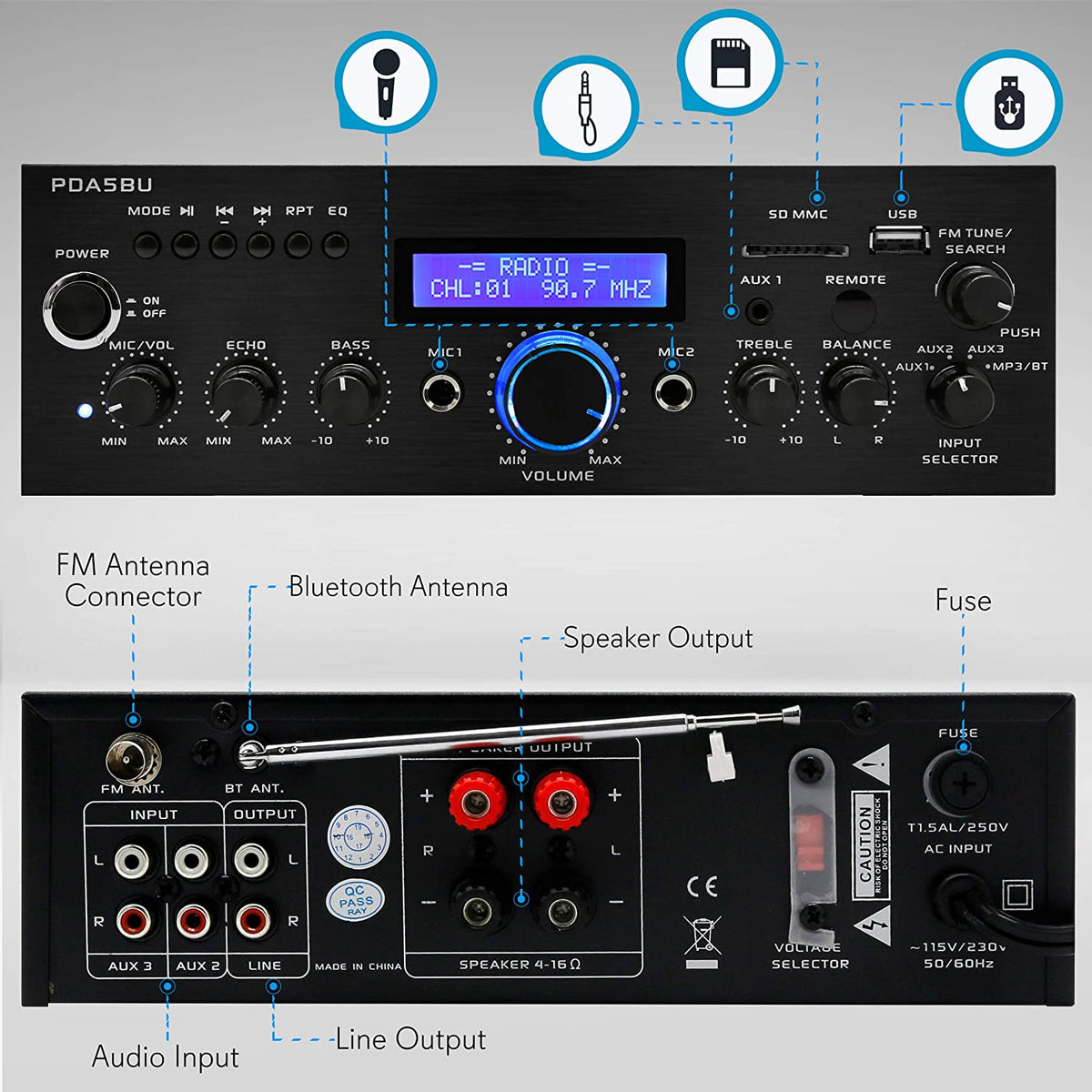 Pyle Home 200 Watt AM/FM AUX/USB Bluetooth Stereo Amplifier System (For Parts)