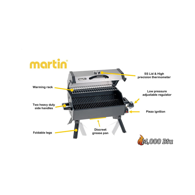 Martin 14,000 BTU Propane Bbq Gas Grill with Support Legs & Grease Pan(Open Box)