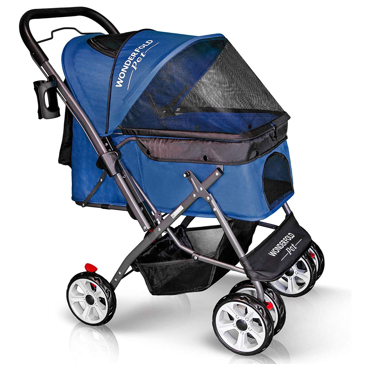 WONDERFOLD Pet Stroller for Dogs and Cats, Zipperless Entry, Dark Blue(Open Box)