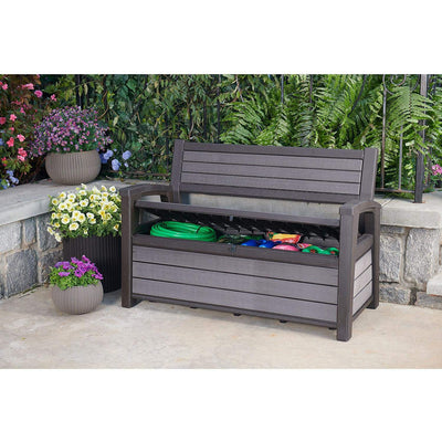 Keter Hudson 60 Gal Plastic Outdoor Backyard Patio Storage Bench Deck Box, Gray