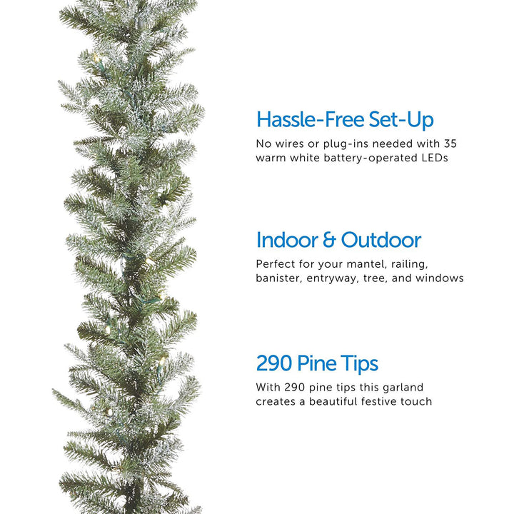 NOMA 9' Pre-Lit Flocked Frosted Fir Garland w/35 Warm White Lights(Open Box)