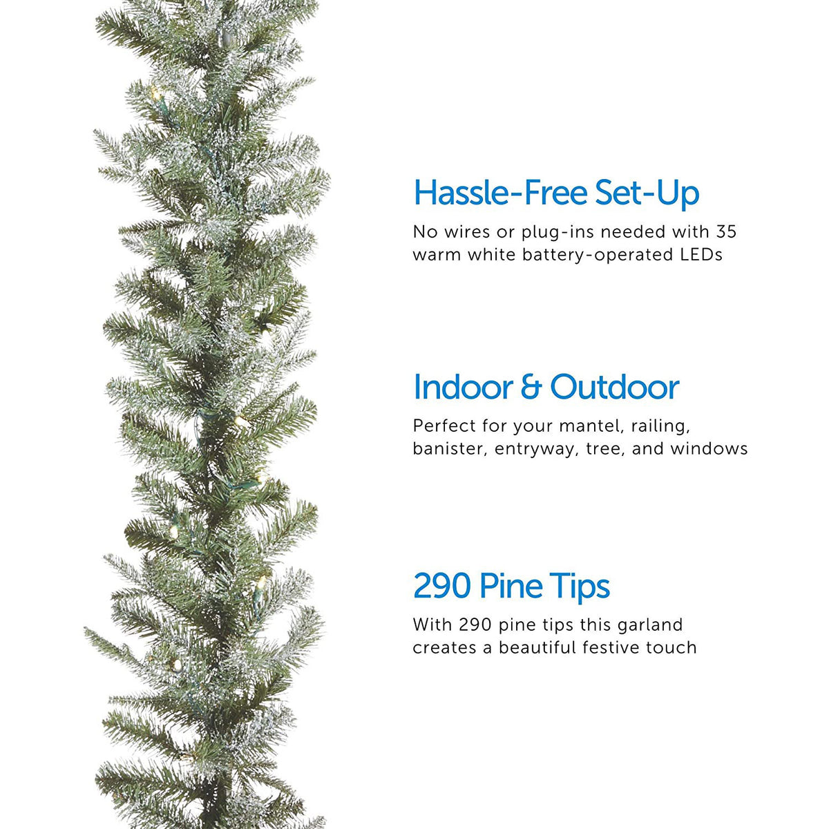 NOMA 9' Pre-Lit Flocked Frosted Fir Garland w/35 Warm White Lights(Used)
