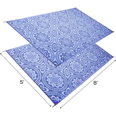 Reversible Mats 8 x 5 Foot Polypropylene Pattern Patio Mat, Blue/White(Open Box)