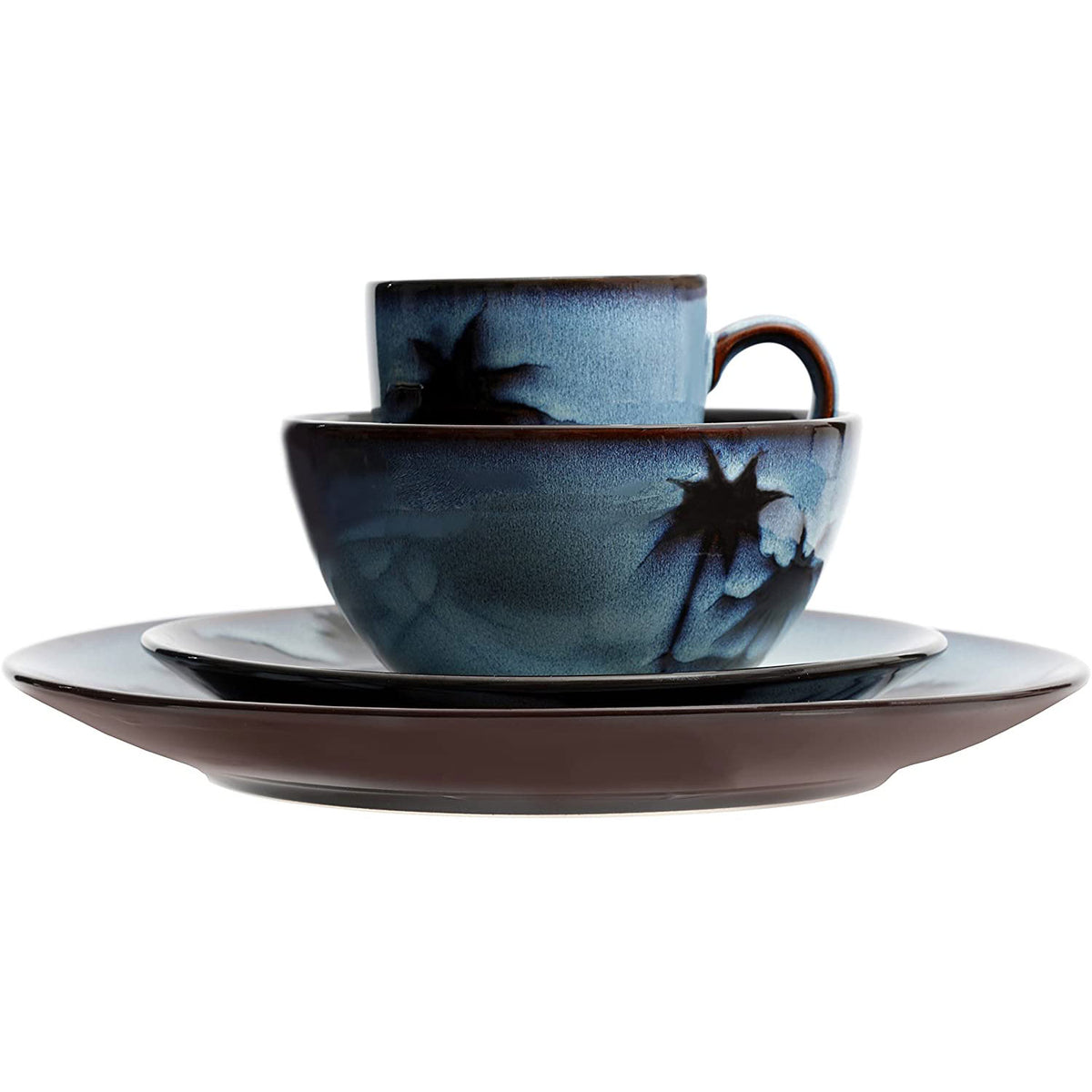 Gibson 16 Piece Reactive Glaze Blue Sunset Dinnerware Set Plates, Bowls, & Mugs
