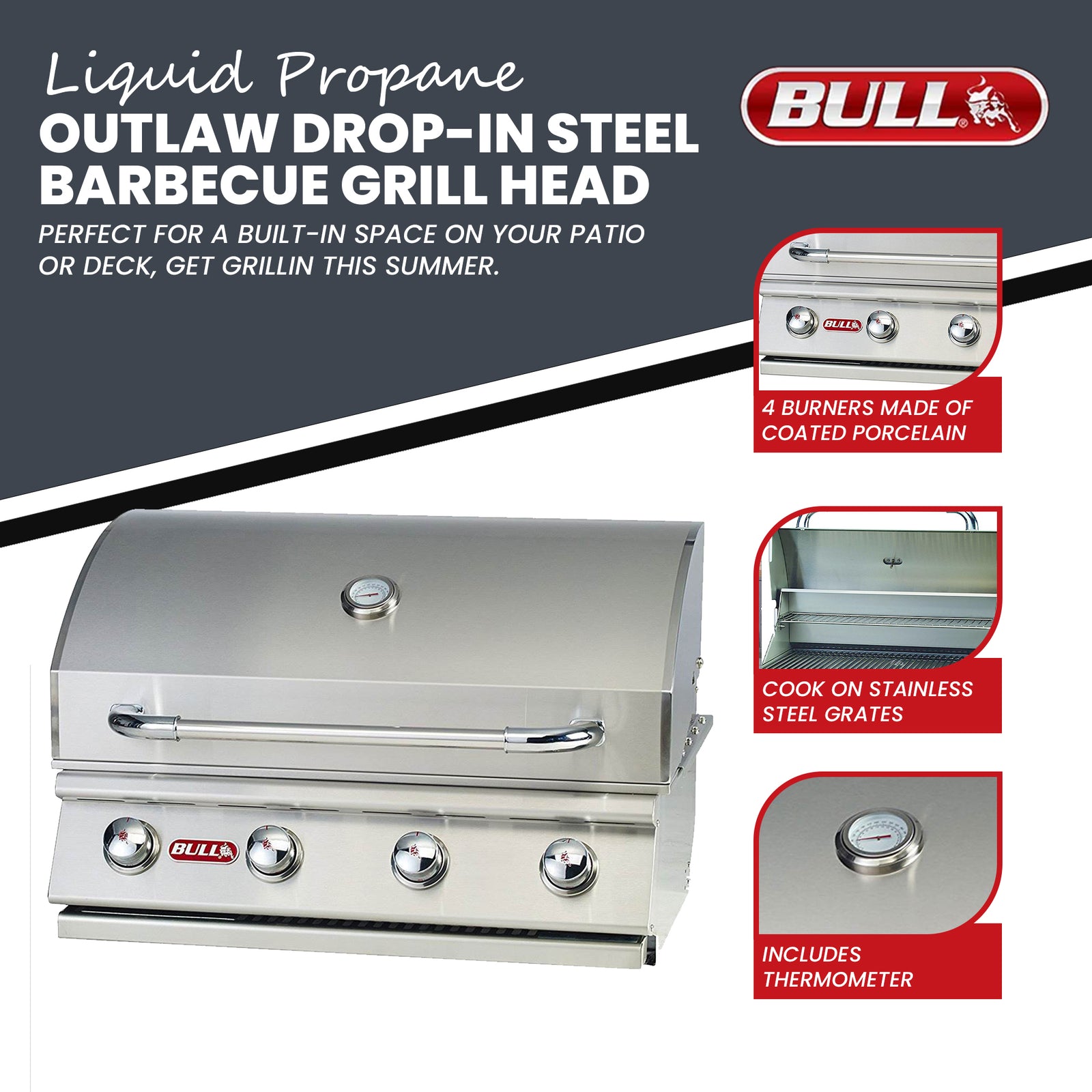 Bull Outdoor Products Liquid Propane Outlaw Drop-In Steel Barbecue Grill Head - VMInnovations