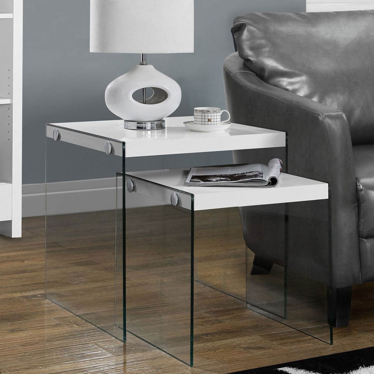 Monarch Tempered Glass Accent 2-Pc. Nesting End Tables, Glossy White (Used)