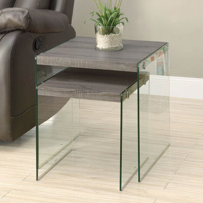 Monarch Specialties Tempered Glass Accent 2-Pc Nesting End Tables, Dark Taupe