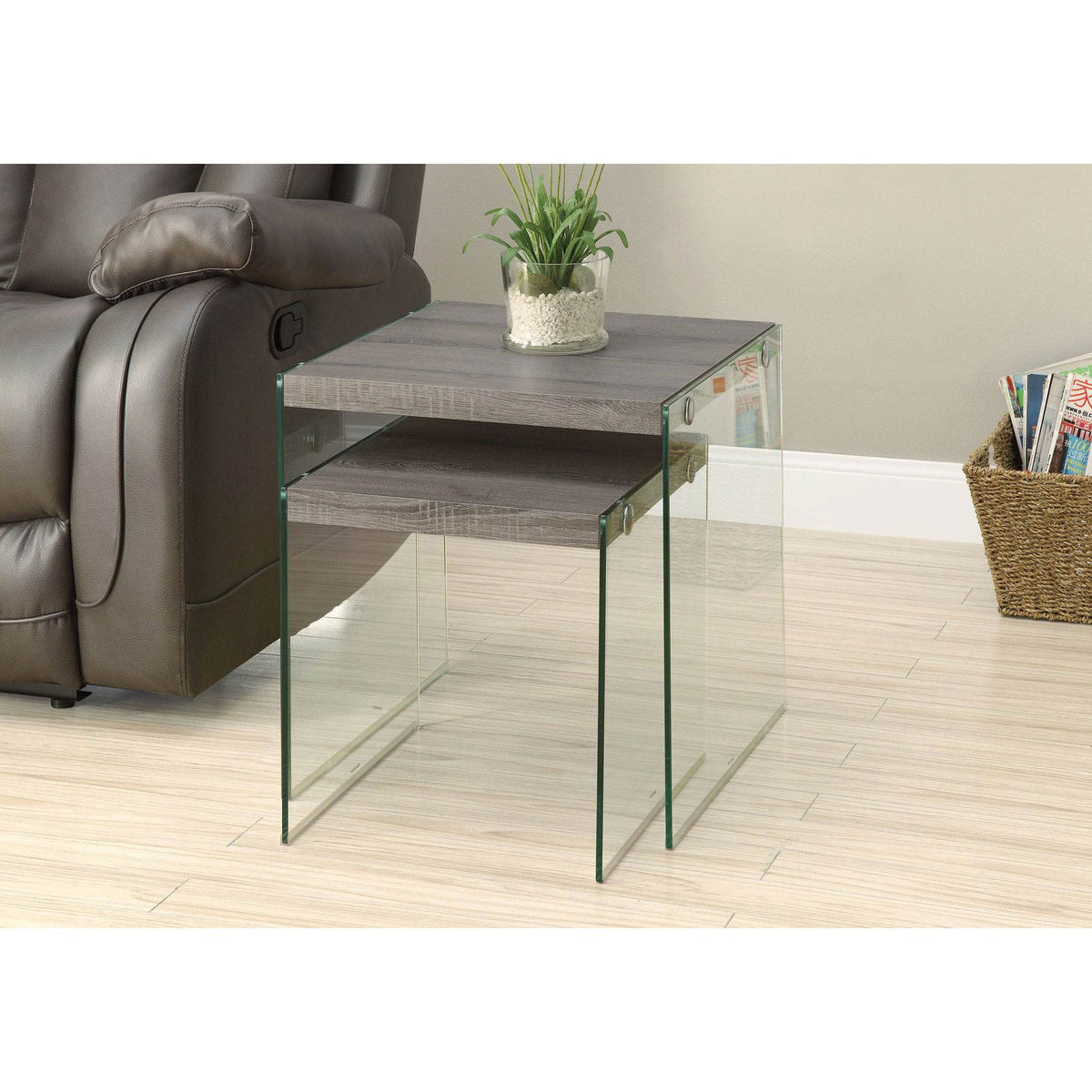 Monarch Specialties Tempered Glass 2-Piece Nesting End Tables, Dark Taupe (Used)