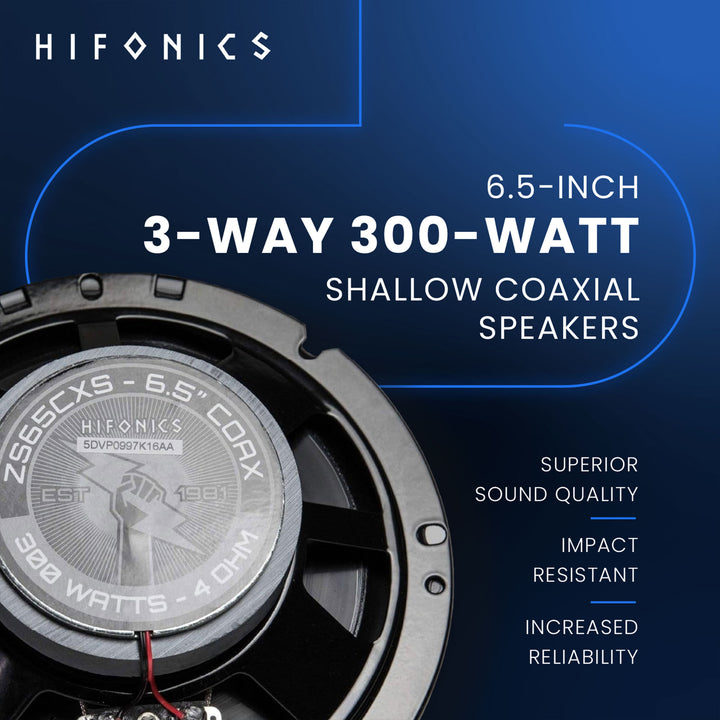 Hifonics Zeus ZS65CXS 6.5 Inch 3 Way 300W Shallow Coaxial Speakers, 2 Pack