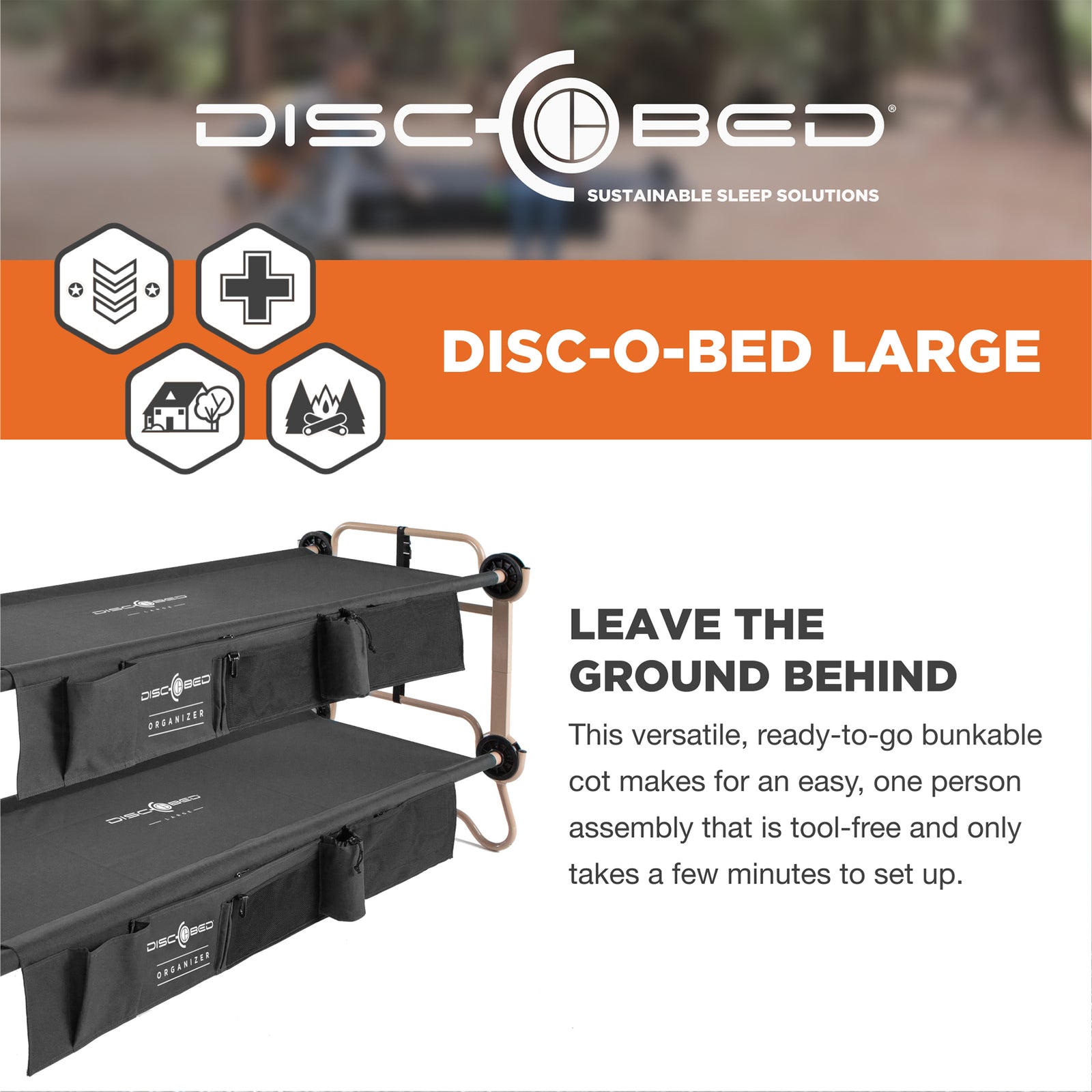 Disc-O-Bed Large Cam-O-Bunk Benchable Double Cot with Storage Organizers, Black - VMInnovations