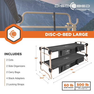 Disc-O-Bed Large Cam-O-Bunk Benchable Double Cot with Storage Organizers, Black - VMInnovations