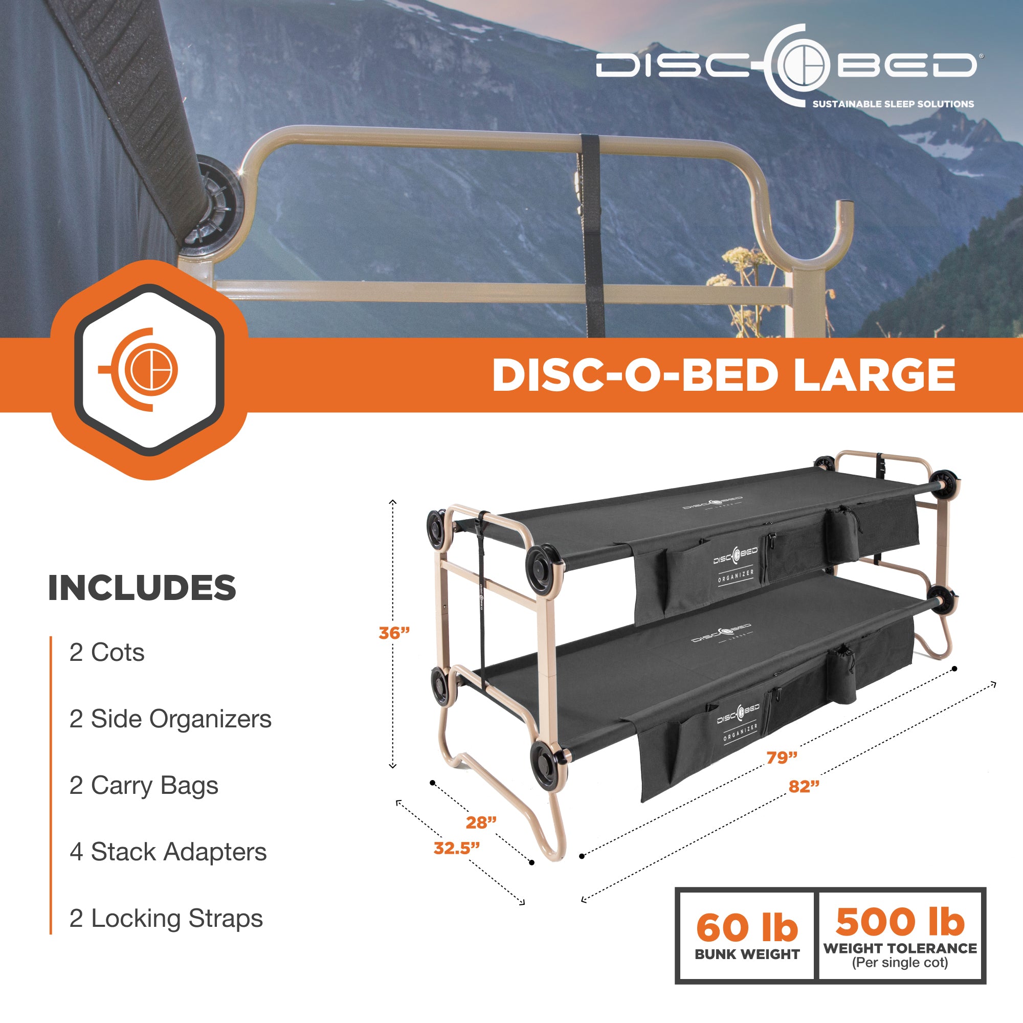 Disc-O-Bed Cam-O-Bunk Benchable Bunked Double Cot w/ Organizer, Black (Open Box) - VMInnovations
