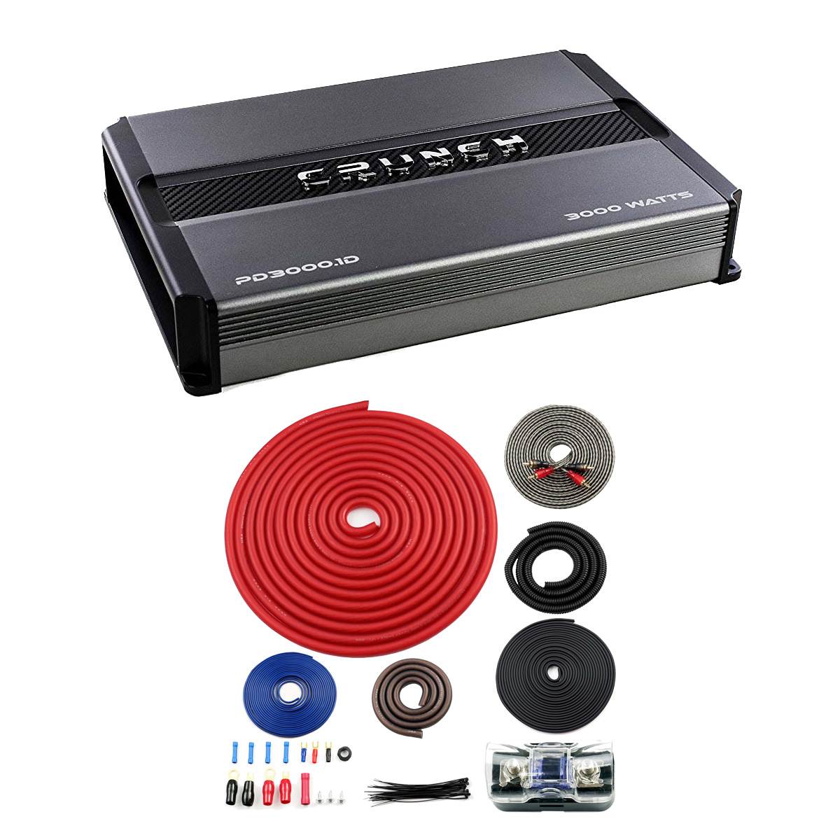 Crunch Power Drive 3000W Mono Class D Car Audio Amplifier + 4 Gauge Wiring Kit