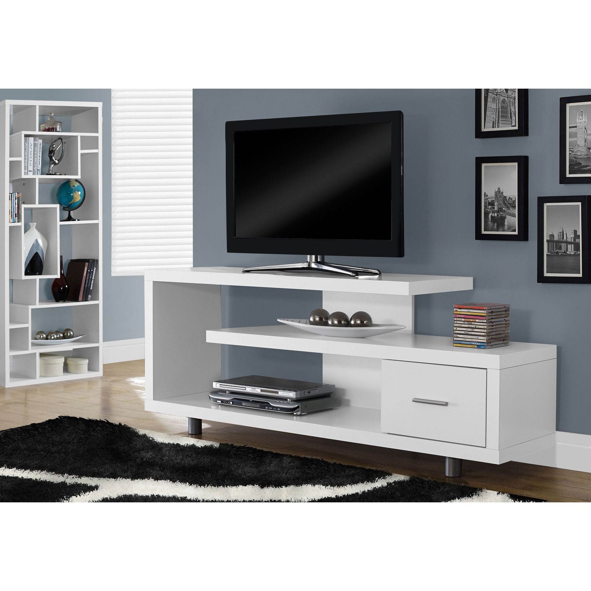 Monarch Specialties 60" Modern Art Deco Entertainment TV Stand w/ Drawer, White