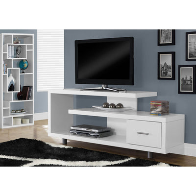 Monarch Specialties 60" Modern Art Deco Entertainment TV Stand w/ Drawer, White
