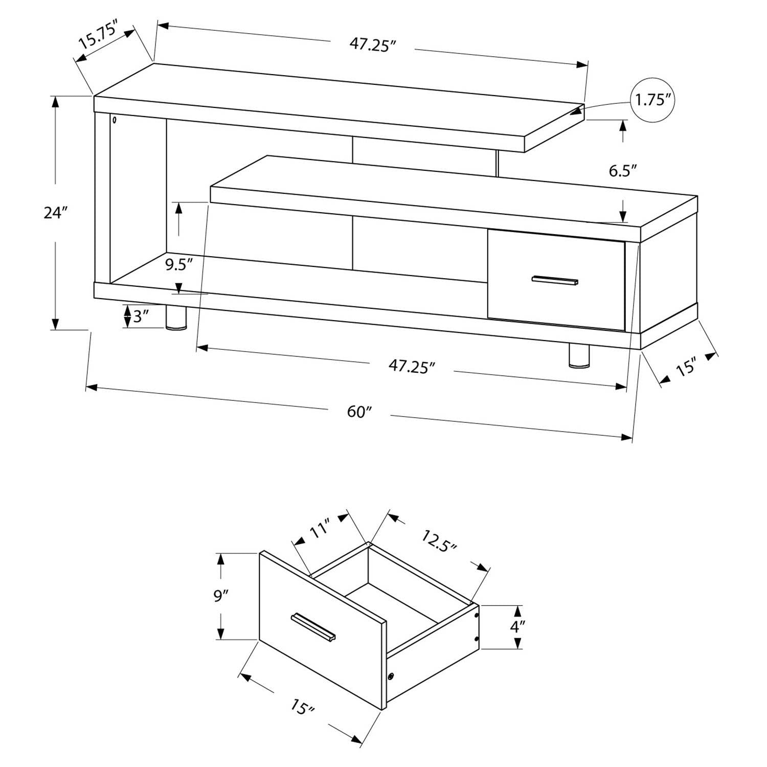 Monarch Specialties 60" Modern Art Deco Entertainment TV Stand w/ Drawer, White