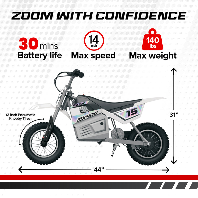 Razor MX400 Dirt Rocket 24V Electric Motocross Dirt Bike, White (For Parts)