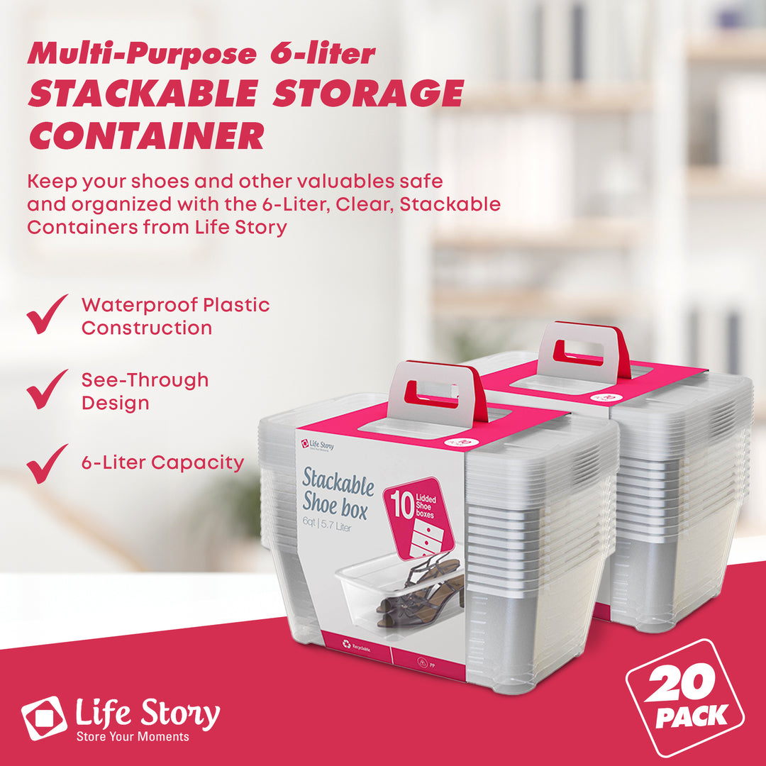 Life Story 6L Shoe and Closet Storage Box Stacking Containers, Clear (20 Pack)