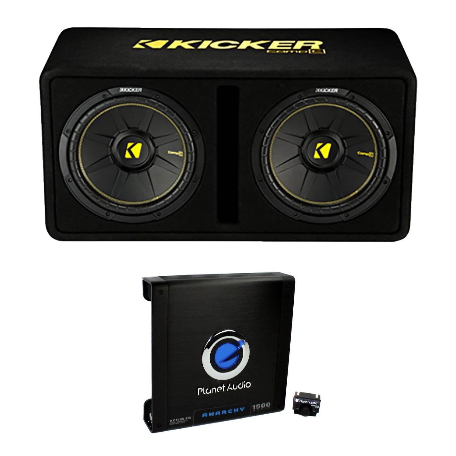 Kicker Dual 10" 1200W Vented Sub Enclosure + Planet Audio 1500W Mono Block Amp