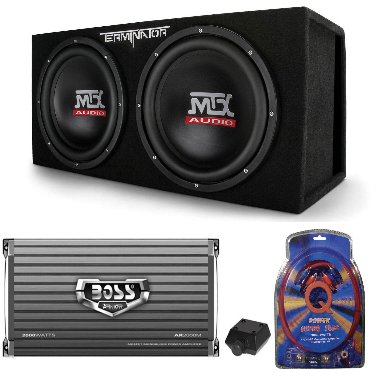 MTX TNE212DV 12" 2000W Dual Loaded Car Subwoofers, Box, Boss 2000W Amp & Kit - VMInnovations