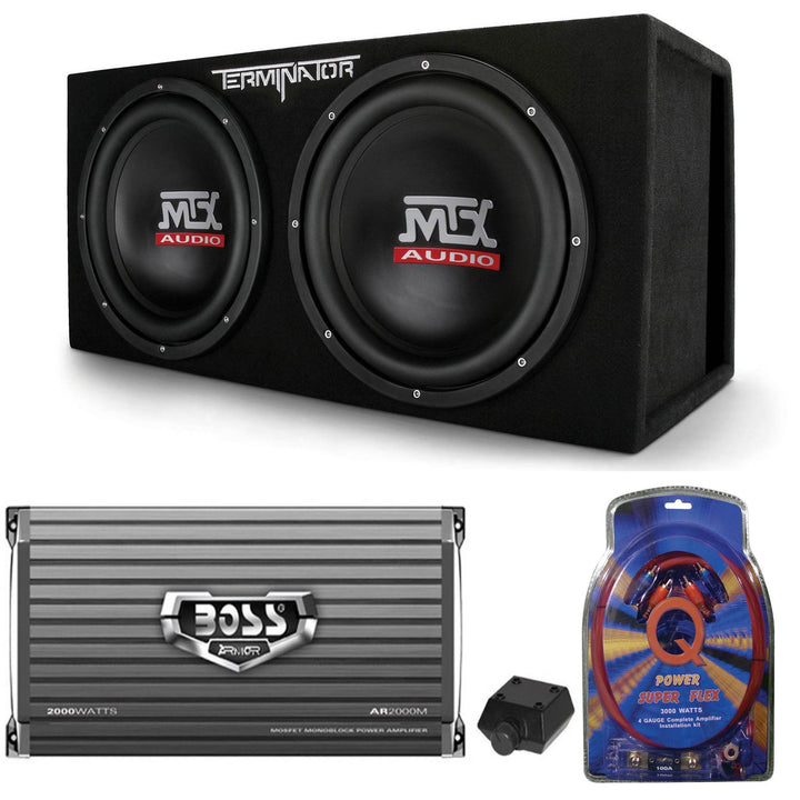 MTX TNE212DV 12" 2000W Dual Loaded Car Subwoofers, Box, Boss 2000W Amp & Kit