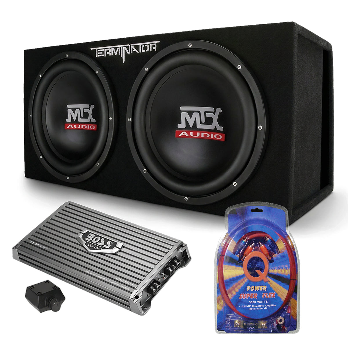 MTX TNE212DV 12" 2000W Dual Loaded Car Subwoofers, Box, Boss 2000W Amp & Kit - VMInnovations