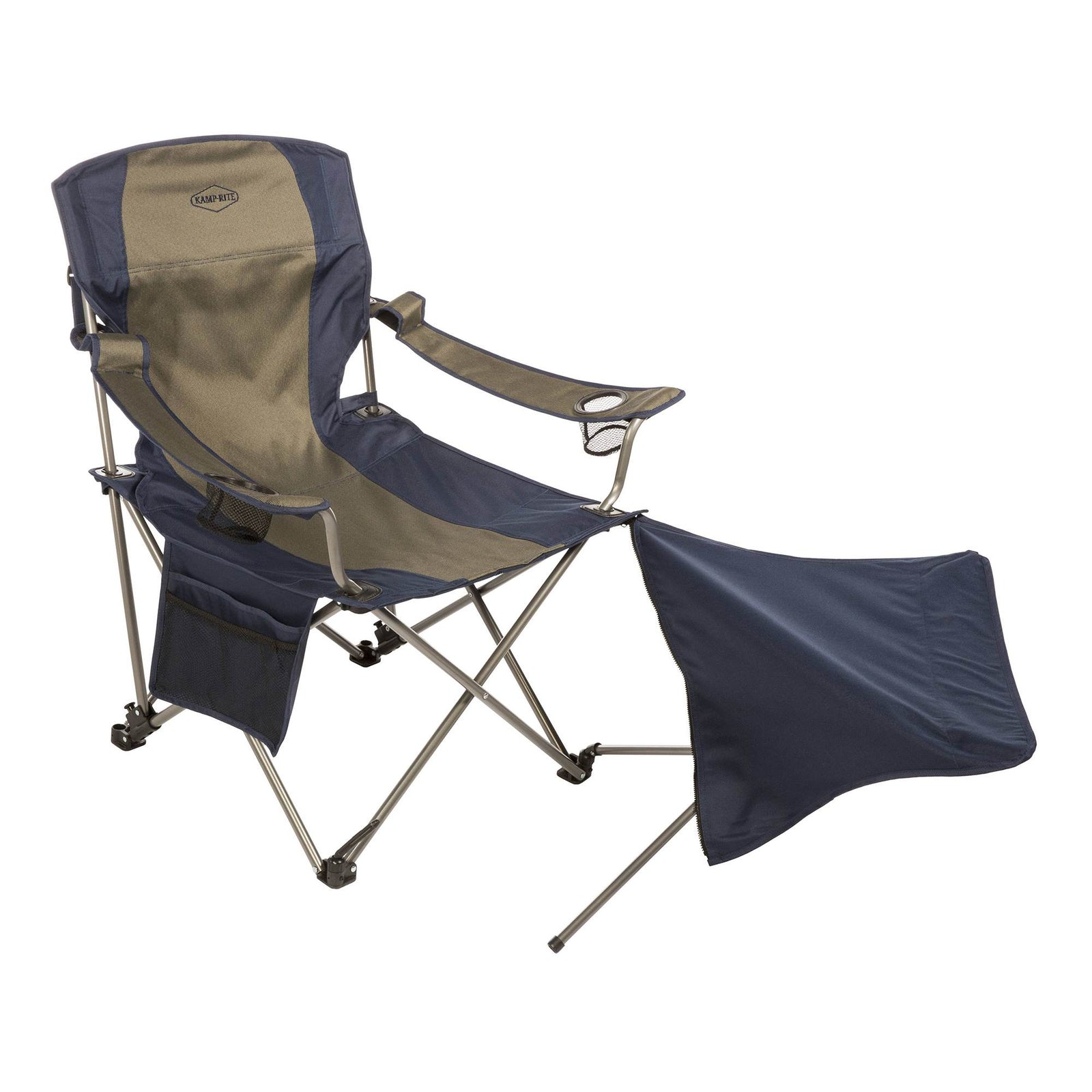 Kamp Rite Folding Camp Chair w/ 2 Cupholders and Detachable Footrest, Navy/Tan - VMInnovations