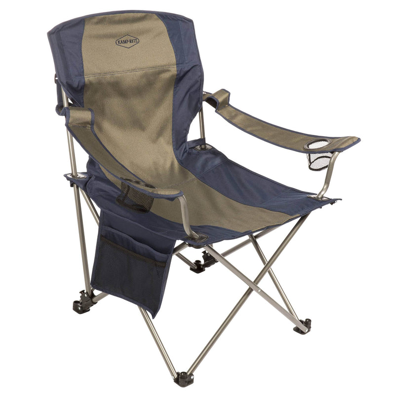 Kamp Rite Folding Camp Chair w/ 2 Cupholders and Detachable Footrest, Navy/Tan - VMInnovations