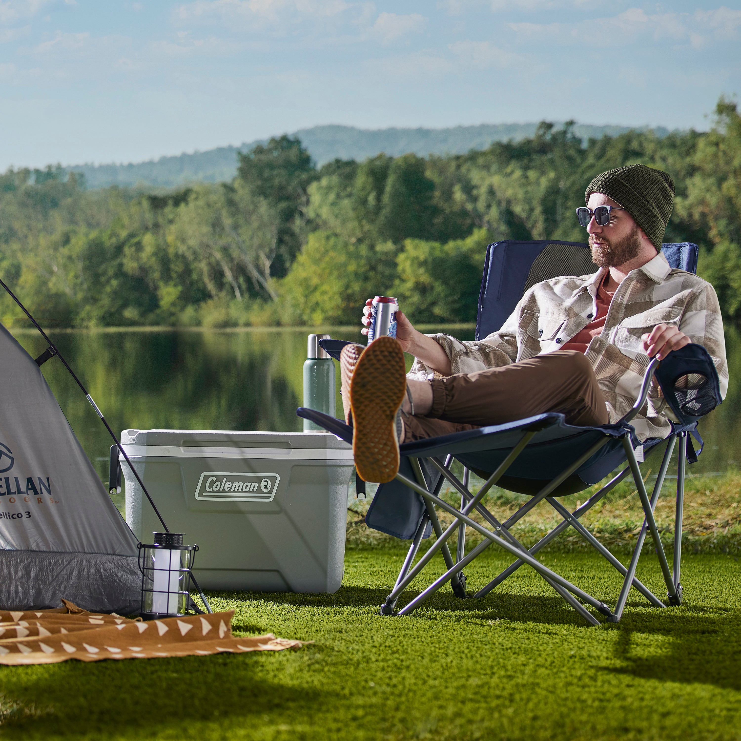 Kamp Rite Folding Camp Chair w/ 2 Cupholders and Detachable Footrest, Navy/Tan