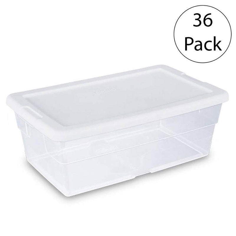Sterilite 6 Quart Clear Closet Storage Tote Container with White Lid, 36 Pack