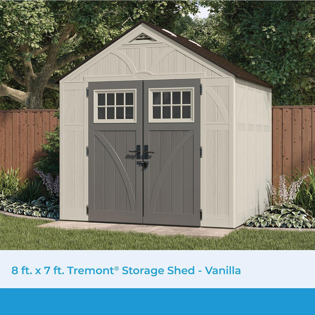 Suncast Tremont 8 ft. x 7 ft. Heavy Duty Resin Storage Shed w/Windows, Vanilla