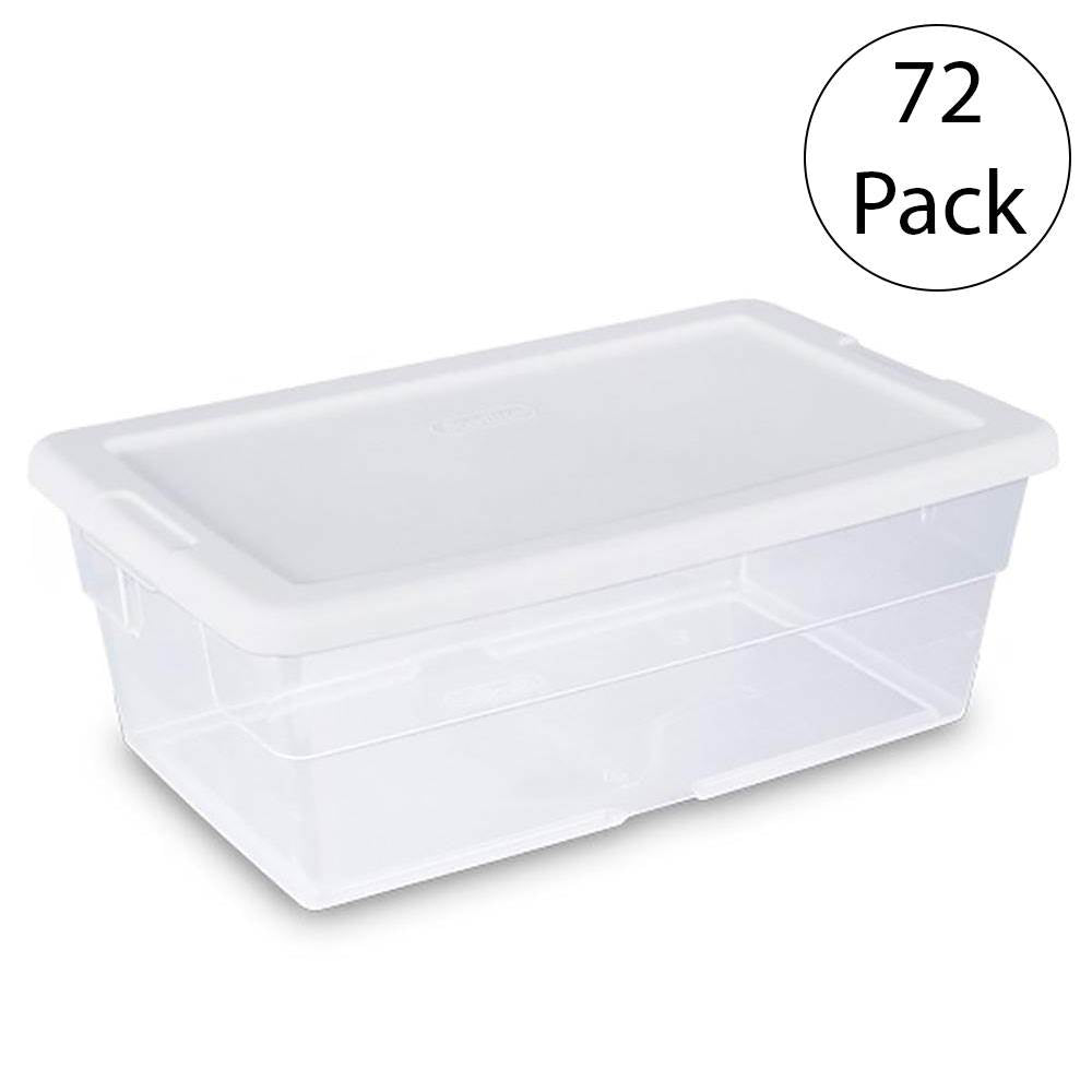 Sterilite 6 Quart Clear Closet Storage Tote Container with White Lid, 72 Pack