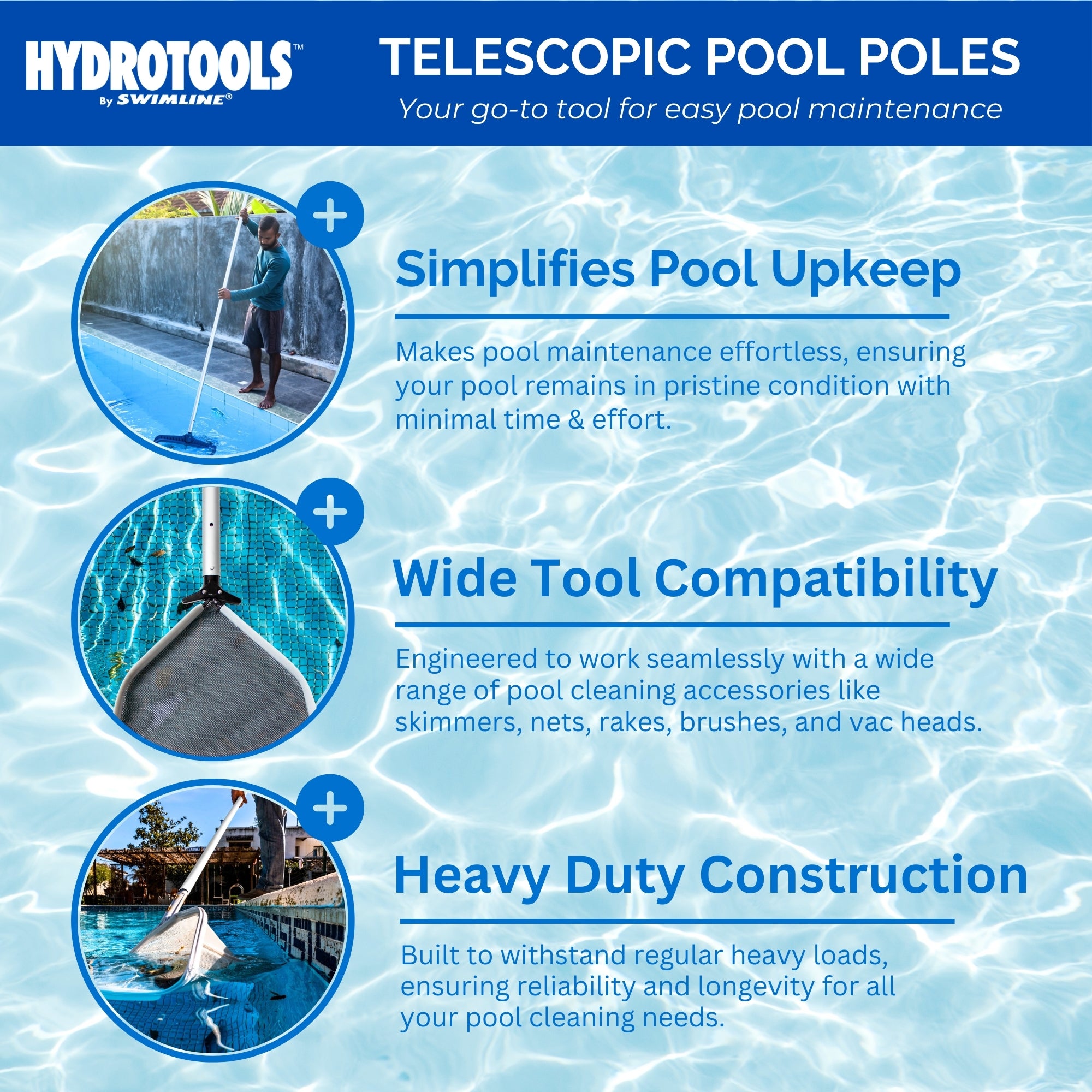 Swimline Hydrotools 3 Piece Telescopic Pole with Locking Cams for Pool Cleaning - VMInnovations