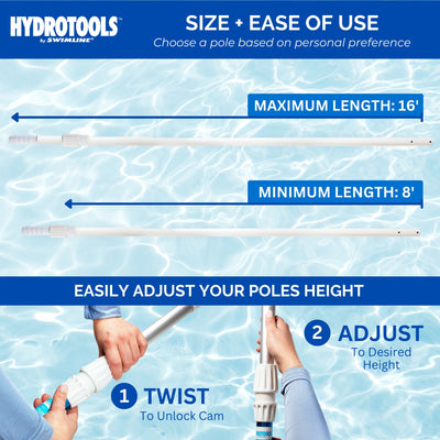 Hydro Tools 8365 8' to 16' Ft 2 Piece Adjustable Telescopic Pool Pole - White
