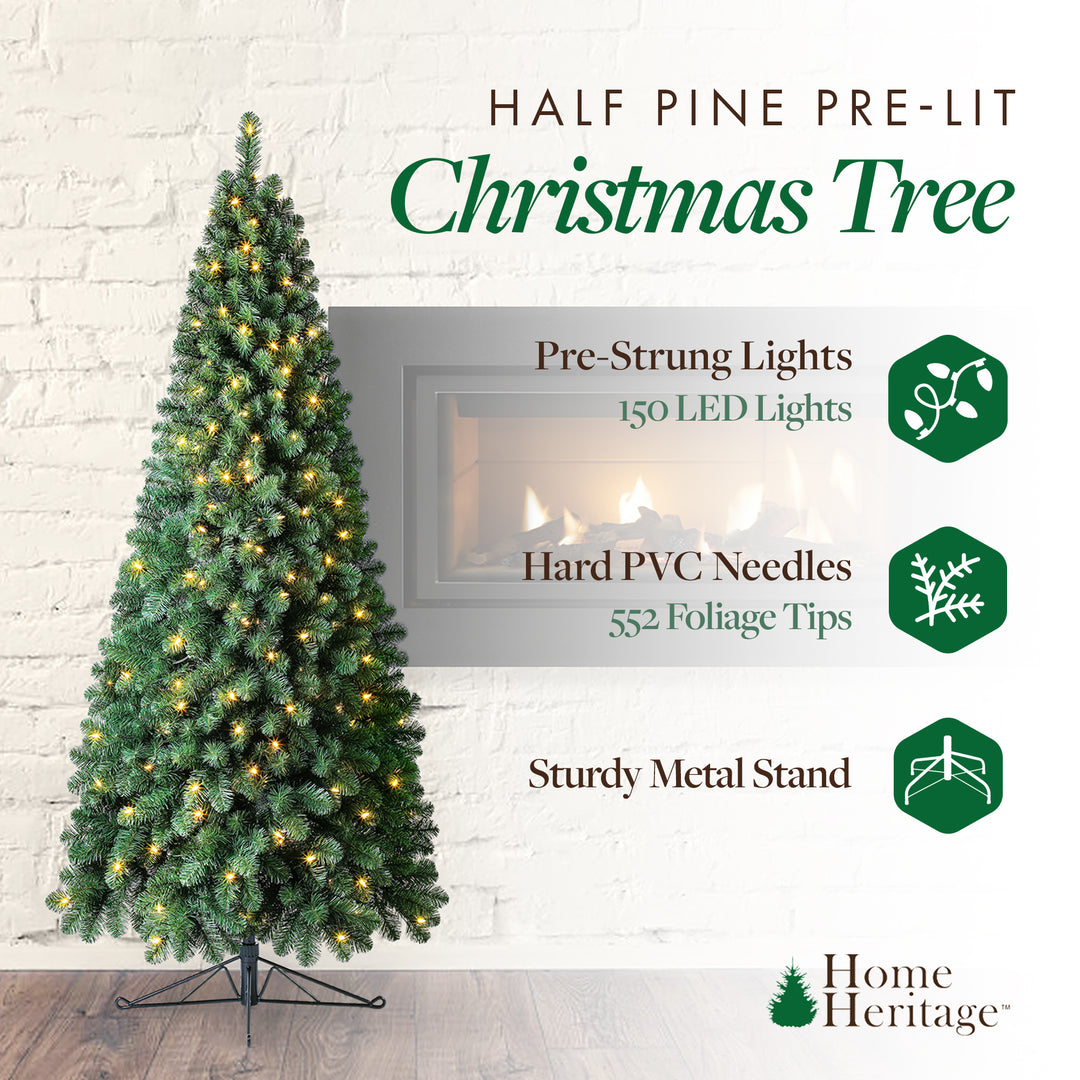 Home Heritage Half Pine 7' Pre-Lit Artificial Christmas Tree, 150 Warm White LED
