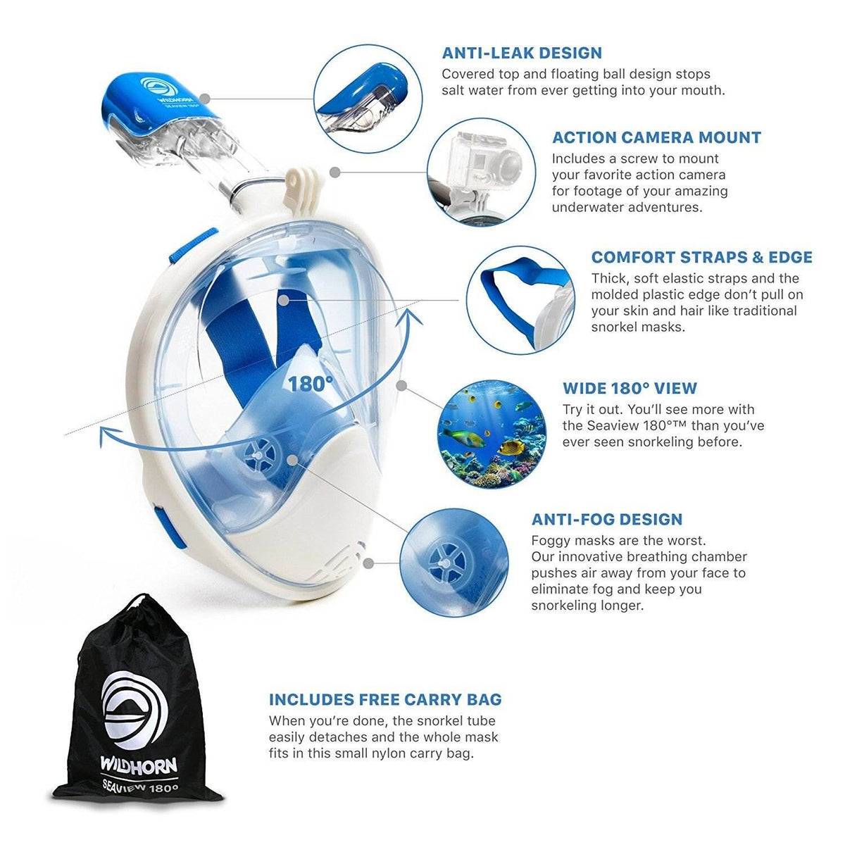 Wildhorn Seaview 180 Degree L/XLarge Full Face Diving Snorkel Mask, Blue (Used)