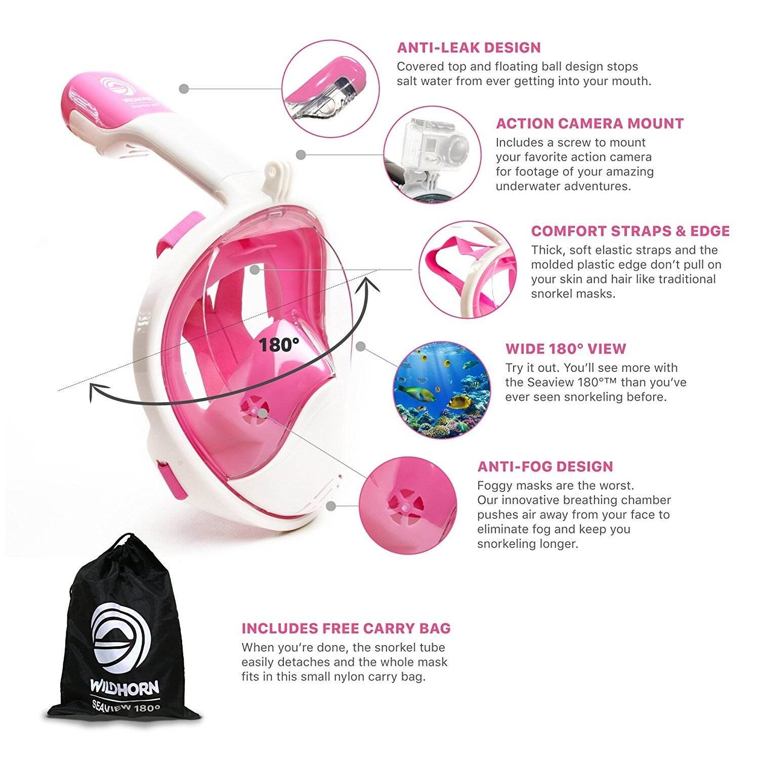 Wildhorn Seaview 180 Degree Large XLarge Full Face Snorkel Mask, Pink (Open Box)