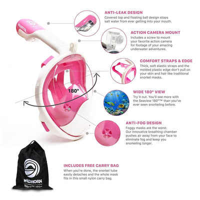 Wildhorn Seaview 180 Degree Large XLarge Full Face Snorkel Mask, Pink (Open Box)