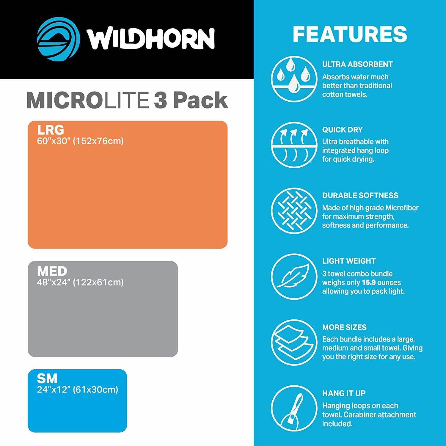 Wildhorn Outfitters Microlite Microfiber Quick Dry Travel Camping Towel (3 Pack)