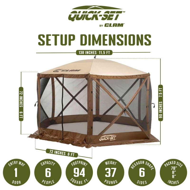 CLAM Quick-Set Escape 11.5 x 11.5 Ft Portable Outdoor Camping Shelter, Brown