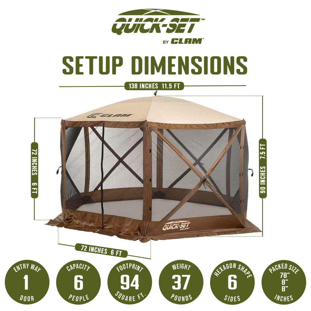CLAM Quick-Set Escape 11.5 x 11.5 Ft Portable Outdoor Camping Shelter, Brown