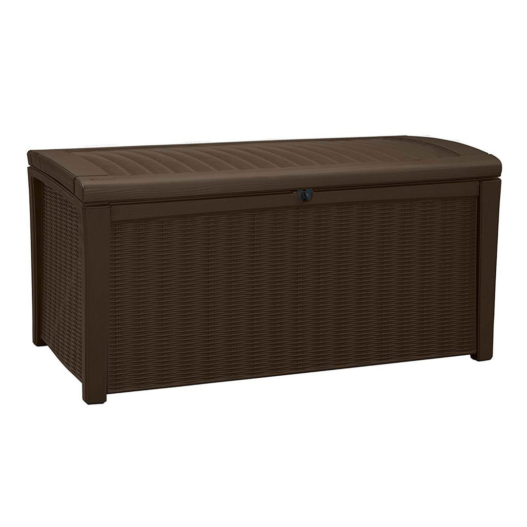 Keter Borneo 110 Gallon Rattan Wicker Resin Patio Deck Storage Box Bench, Brown